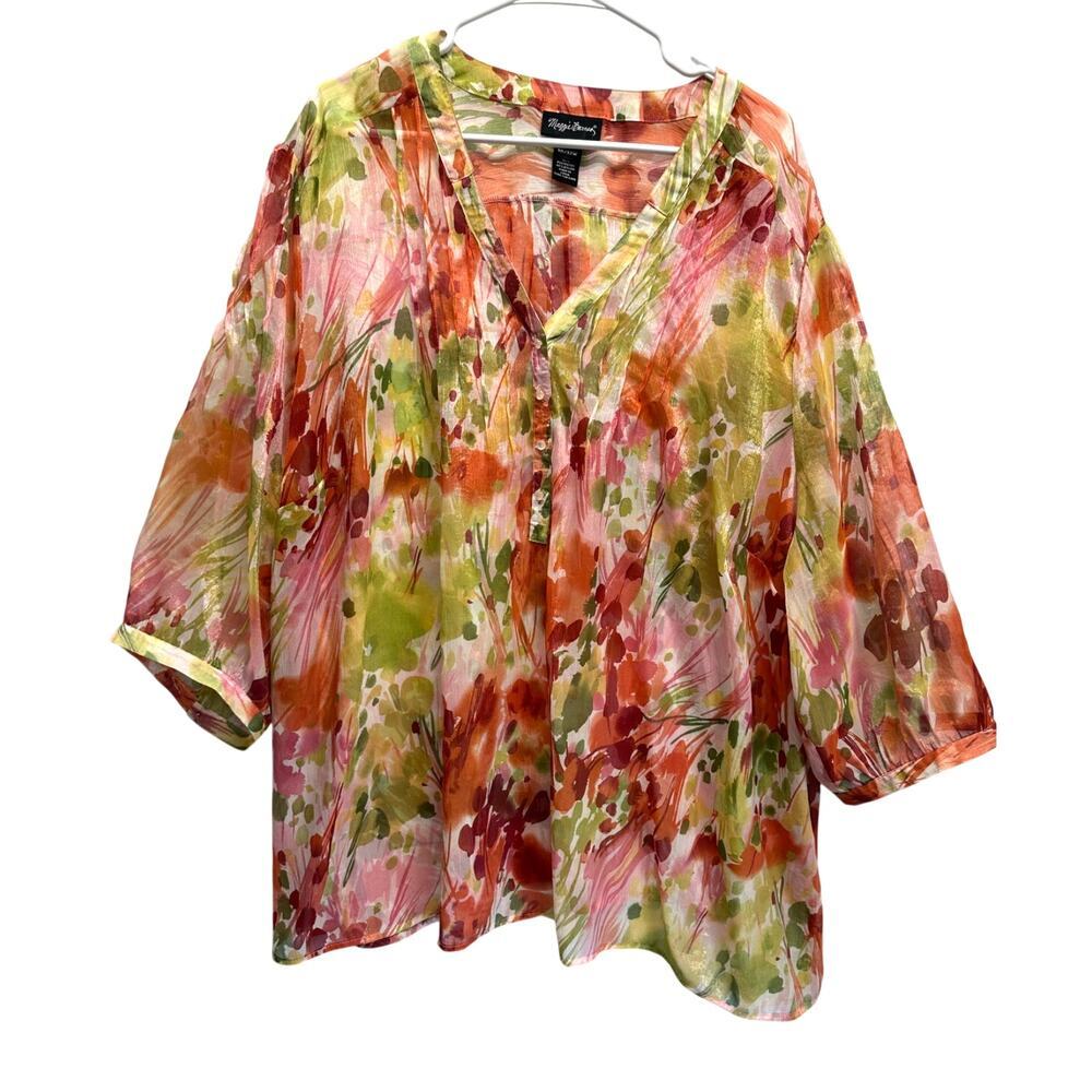 Maggie Barnes Shear Metallic Floral 3/4 Sleeve Blouse‎ 4X V Neck